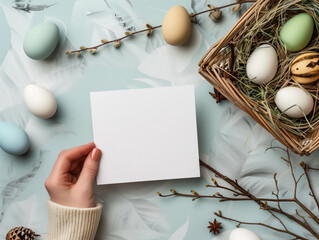A person's hand holds a blank card amidst a creative Easter setting with pastel eggs and natural decorations on a textured background.