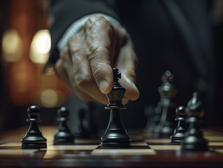 Chess Player Decides King's Move on a Board of Strategy.