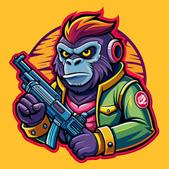 Street-style tshirt sticker a gorilla cartoon character holding a gun