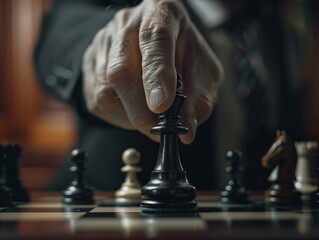 Chess Player Decides King's Move on a Board of Strategy.