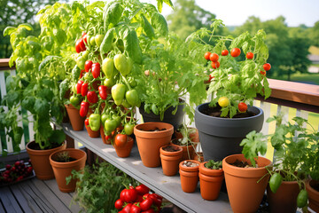 Fototapeta na wymiar Urban Farming - Cultivation of Dwarf Variety Vegetables in Balcony Garden