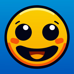 A cartoon happy smiley face with big eyes and a wide open mouth, set on a blue background.