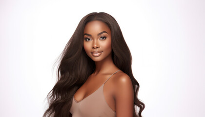 Obraz premium A woman with long, curly hair is posing for a photo