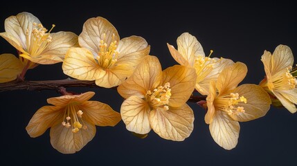 a close up of a branch with yellow flowers in the foreground and a dark background with only one flower in the foreground.