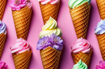 Dessert Ice cream cones with various flavors and flowers on a pink background