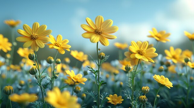 a field full of yellow flowers with a blue sky in the backgrounnd of the image is a blurry background.