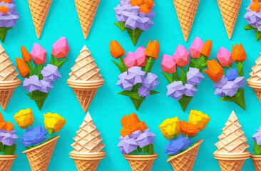 Soft Serve Ice Creams in flowerfilled ice cream cones against a blue backdrop