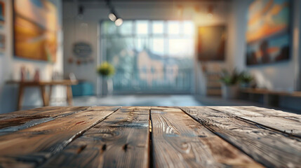 Wooden table top offers ample copy space against blurred art gallery backdrop, perfect for showcasing creativity.