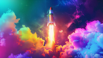 A clipart-style cartoon rocket blasting off into space, leaving a trail of colorful smoke behind. - obrazy, fototapety, plakaty