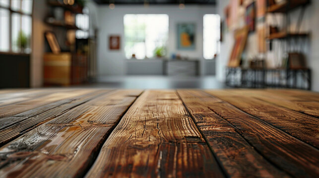 Wooden table top offers ample copy space against blurred art gallery backdrop, perfect for showcasing creativity.