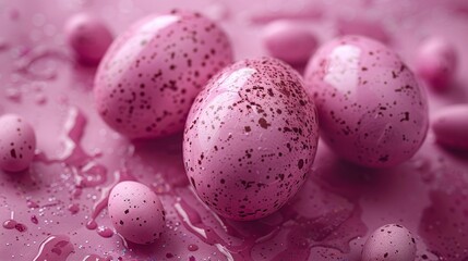 Obraz na płótnie Canvas a group of pink speckled eggs sitting on top of a pink liquid covered ground with sprinkles.