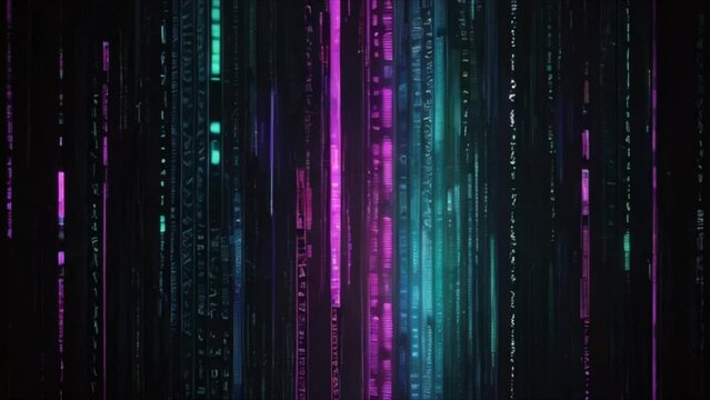 Video, abstract background. Matrix, neon glowing symbols move on a dark background. Background for advertising. AI generative.