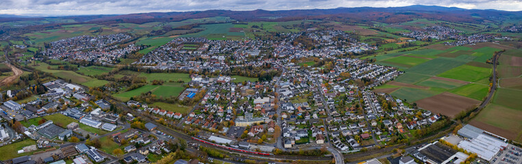 Aerial of the old town around the city Bad Camberg in Germany on a cloudy noon in fall