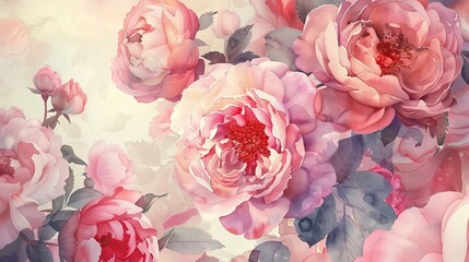 Beautiful pink watercolor rose and peony flowers ,generative ai, generative, ai