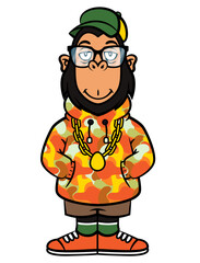 Cool Monkey cartoon characters wearing eyeglasses, gold chain necklace, hoodie jacket with camouflage pattern, fancy short pants, and sneakers. Best for mascot, logo, and sticker for streetwear shop