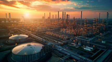 Fototapeta na wymiar Oil and gas refinery plant or petrochemical industry on sky sunset background, Factory with evening, Gas storage sphere tank in petrochemical industrial
