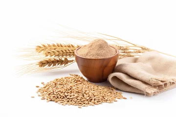 Poster Spelt bran and grains with ears of wheat isolated on white background © Robby