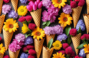 Creative arts display of flowerfilled ice cream cones on a table