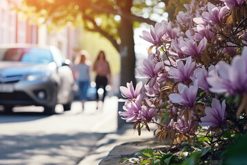 Spring flowers beside the street in the city on blurred people walking and car driving on the road. Beautiful white and purple flowers around the tree at garden in Europe. Urban street in the mornin - obrazy, fototapety, plakaty