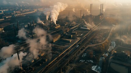 Steel ecology metallurgical iron plant smokes from pollution of industry pipes. View from the drone. - obrazy, fototapety, plakaty