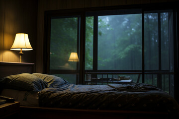the bedroom was soft and comfortable and it was raining outside.