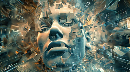 Naklejka na ściany i meble A surreal scene of a human face splitting into multiple geometric shapes and patterns, representing the complex algorithms used in facial recognition systems High detailed and high resolution