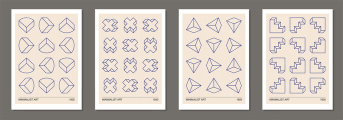 Set of minimalist 20s line art geometric design posters with primitive shapes