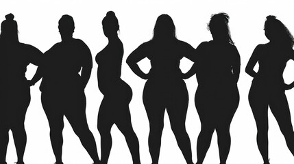Back View Silhouettes Of Several Fat Women Ready For Gym. Women Behind A White Background. Fighting Obesity, Losing Weight and Getting Back Into Shape