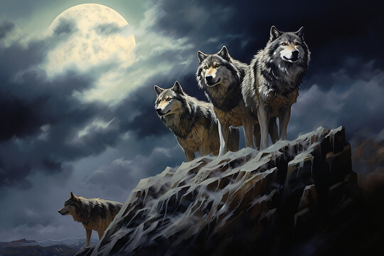 wolves on a full moon