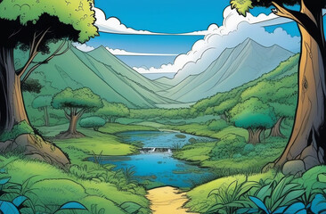 a cartoon illustration of a river surrounded by trees and mountains