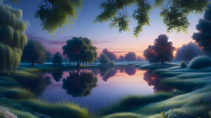 Tranquil Summer Evening: Quiet Lake, Soft Grass, Leafy Trees, Twilight Reflections