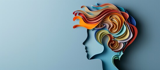 World Mental Health day banner. Children mental health and think concept. Colored paper cutout boy head on blue background. Copy space.