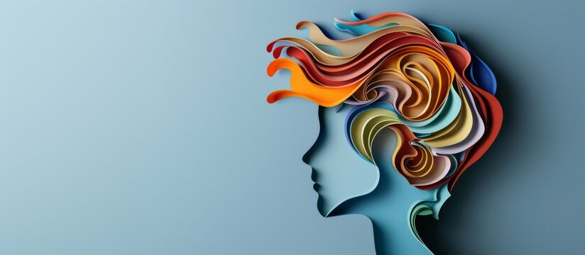 World Mental Health day banner. Children mental health and think concept. Colored paper cutout boy head on blue background. Copy space.