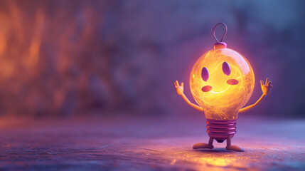 Glowing tungsten light bulb character making inviting gesture on violet textured background.