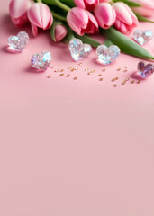 Obraz na płótnie Canvas Tulips on the table. Floral arrangement with space for text. Pink tulips and sparkling crystal hearts on pink table. Vertical mobile wallpaper, Happy Valentine's Day, Mother's Day, Women's Day,