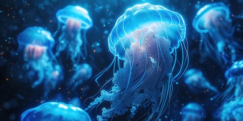 Closeup of Several Beautiful Moon Vibrant Bioluminescent Blue Jellyfish