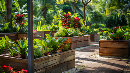 Obraz premium Urban Oasis: Lush Greenery in Wooden Planters. An urban garden featuring vibrant plants in wooden barrel planters on a patterned walkway, showcasing biophilic design in city spaces. 