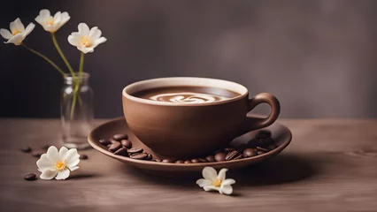 Keuken spatwand met foto Coffee and flowers background. Dark brown moody, natural backdrop. Latte art in cappuccino coffee cup at cafe table. Closeup, copy space,  © SONJA ZALAR