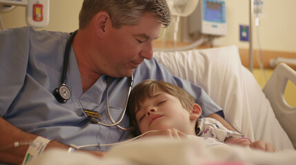 Obraz premium A nurse men is comforting a young patient in a hospital bed
