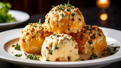 cheese ball served in plate in restaurant - obrazy, fototapety, plakaty