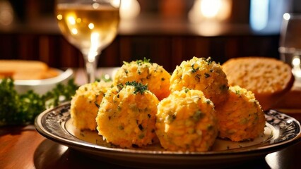 cheese ball served in plate in restaurant - obrazy, fototapety, plakaty