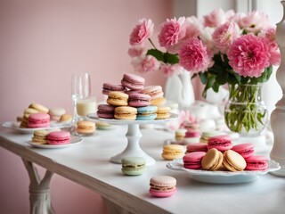 Obraz na płótnie Canvas A table with a dessert of macaroons and a vase with pink flowers