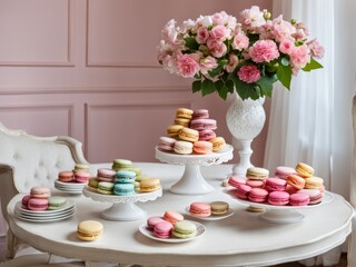 A table with a dessert of macaroons and a vase with pink flowers