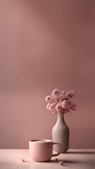 Neutral spring flowers and hot drink vertical background.
Soft pastel pink wall art wallpaper. Cafe scene with coffee cup and pink flowers, copy space