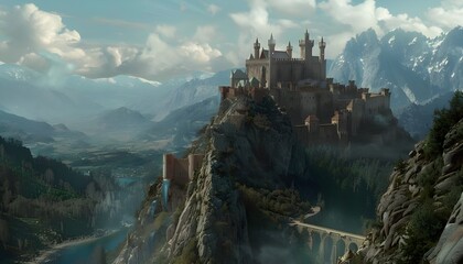 Medieval castle on a rocky hilltop crag - obrazy, fototapety, plakaty