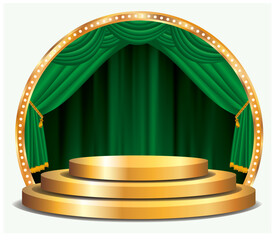 vector golden podium stage with green curtain - 760455989