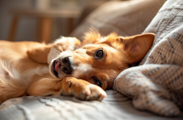 Relaxed dog lying on a patterned blanket. Playful pup with bright eyes enjoying comfort on a textured bed