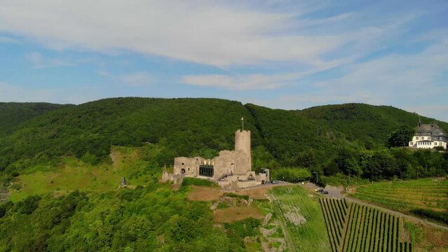 Landshut Castle ruins in Bernkastel Kues. Bernkastel Kues is a well-known wine-growing center in Moselle, Germany.