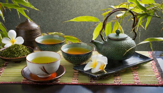 cup of tea and teapot with flowers