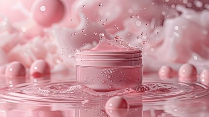 A scene of water drops, a jar of nourishing cream, and water splashing. The simple tones of muted beige and rose add to the atmosphere of luxury. Draws attention to the elegance of the product.